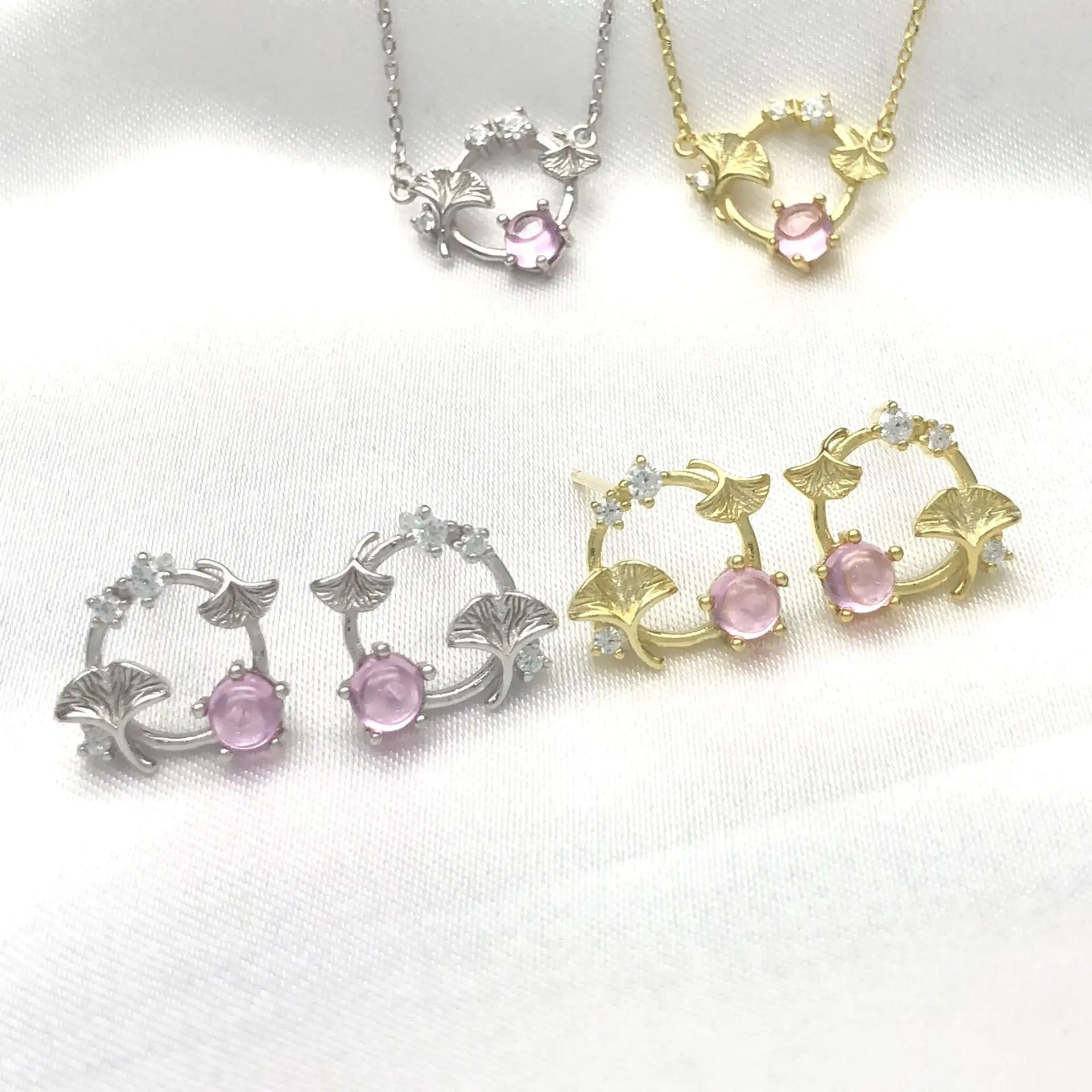 pink crystal ginkgo leaf earrings 100% 925 Sterling silver Jewelry fashion Hypoallergenic Stud earrings for women gift