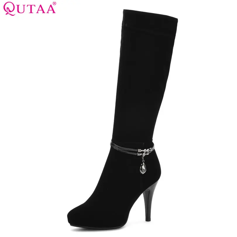 QUTAA 2018 Women  Knee High Boots Pointed Toe Pu Leather Thin High Heel Zipper Elegent Ladies Motorcycle Boots Size 34-39