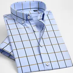 Для мужчин; короткий рукав на пуговицах платье в клетку рубашки небесно-голубой мужской Смарт Повседневное Slim-fit Comfort мягкий модал и хлопок