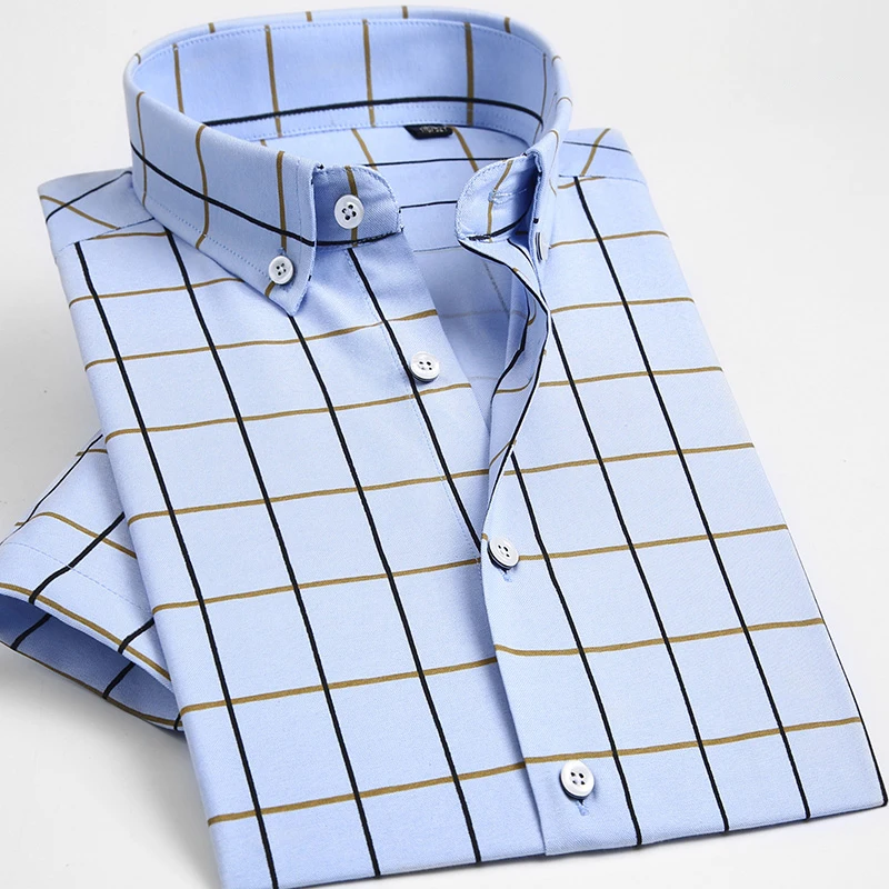 Acheter Hommes À Manches Courtes Bouton down Plaid Robe Chemises Ciel bleu Mâle Smart Casual Slim fit Confort doux Modal Coton Mince Tops Shirt