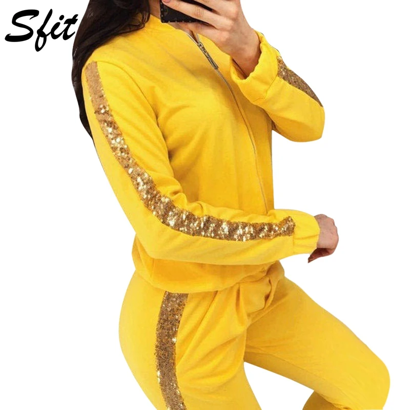 

Sfit Womens Glitter Sequin Pullover 2 Piece Outftis Long Sleeve Zipper Sweatshirt Hoodie + Bodycon Pants Set SportsTracksuit New