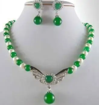 

Lovely Free shipping New style Natural noble jewelry>>>>7-8mm Natural White Akoya Pearl&Green stone Necklace earrings Set