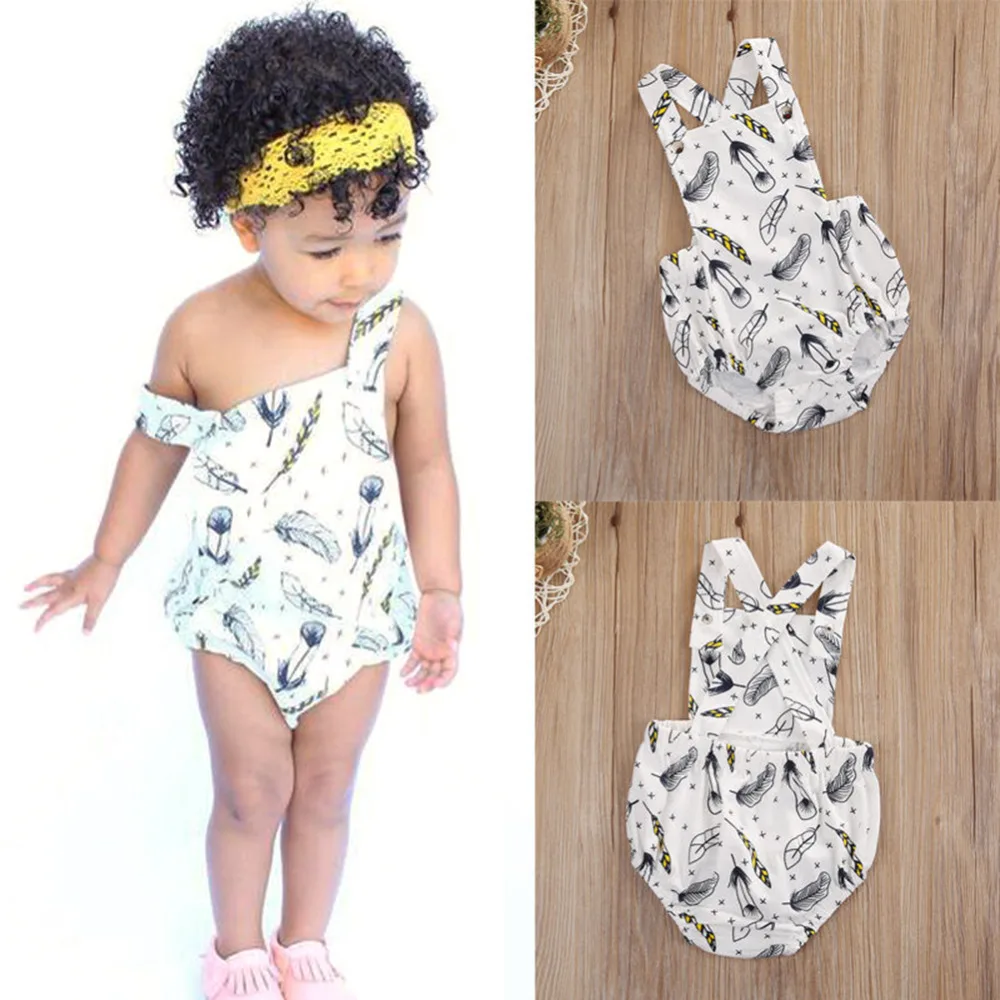 

Newborn Toddler Baby Girls Summer Lovely Feather Pattern Sling Designs Romper Jumpsuit Clothes Infant Outfits
