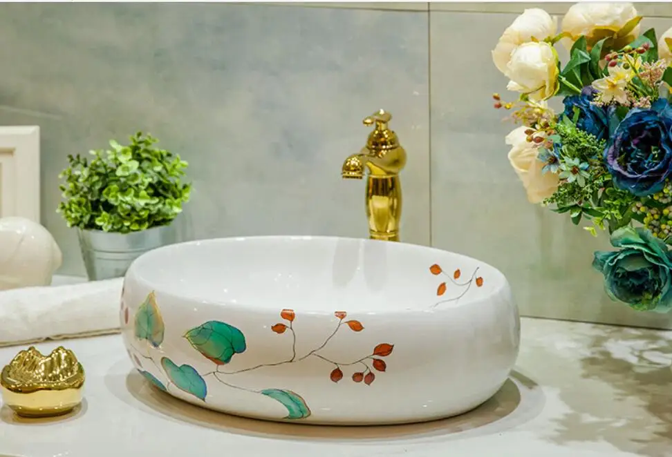 

Oval Bathroom Lavabo Ceramic Counter Top Wash Basin Cloakroom Hand Painted Vessel Sink NNNN