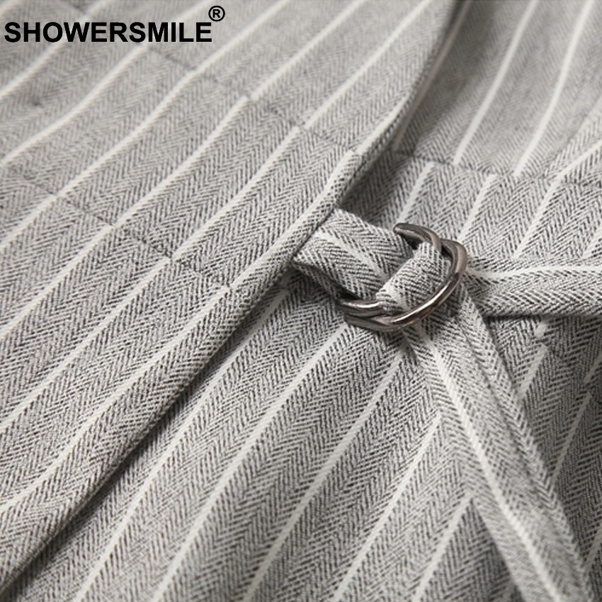 SHOWERSMILE Navy Vest Female Short Linen Striped Women Waistcoat Sleeveless Blazer Vest For Women Spring Elegant Ladies Gilet