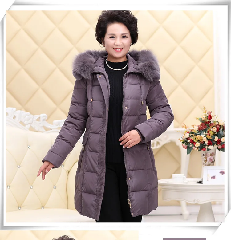 Толстый пуховик для матери среднего возраста, женская зимняя куртка средней длины с меховым воротником и капюшоном, теплое пальто на белом утином пуху, большие размеры