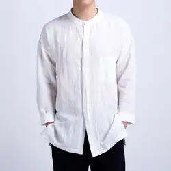 Новинка 201, китайская мужская хлопковая рубашка с длинными рукавами, Однотонная рубашка с воротником на пуговицах