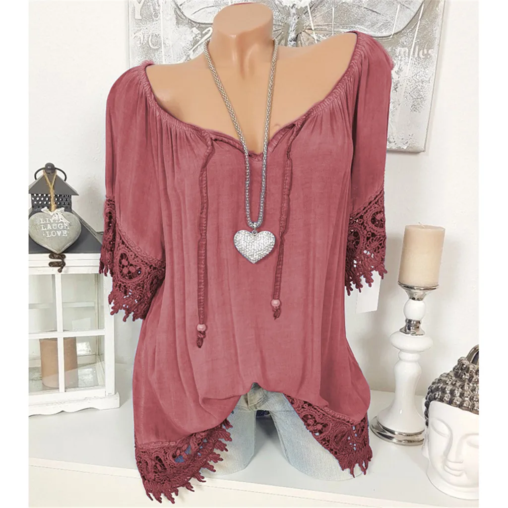 

2019 Women O-Neck Solid Lace Patchwork Short Sleeve Blouse Shirt Tops