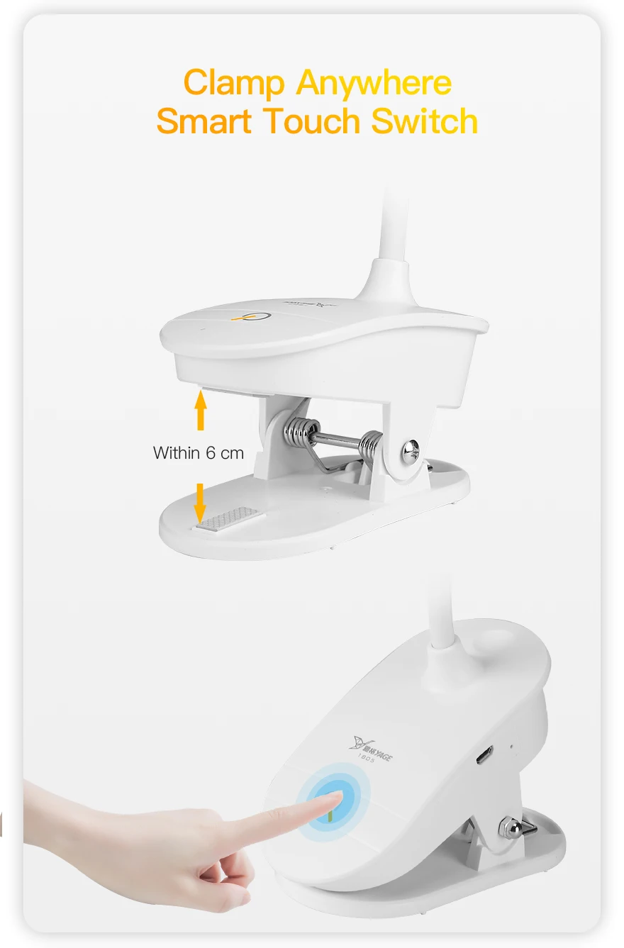 YAGE светодиодный сенсорный выключатель с 3 режимами, настольная лампа с зажимом 7000K 18650, Перезаряжаемый USB, защита для глаз, светодиодный диммер для чтения, настольные лампы