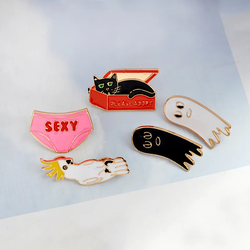 Новая мода мультфильм Животные латунь булавка черный/белый Impala попугай сексуальная розовая коробка для трусиков ленивый кот брошь на рюкзак куртка значок