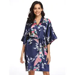 Атласные халаты для женщин свободные сексуальные кимоно пижамы Ночная рубашка платье Короткие цветок и птица шелк халат для подружки