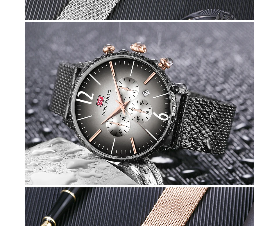 MINIFOCUS Лидирующий бренд модные роскошные Для мужчин часы Нержавеющая сталь сетка ремень наручные ультратонкой кварцевые часы для мужчин часы хронографы мужские