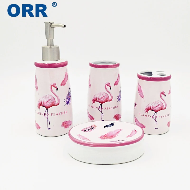 Керамический набор для ванной комнаты Фламинго аксессуары 4 шт. туалетная щетка зубная щетка чашка диспенсер для жидкого мыла ORR