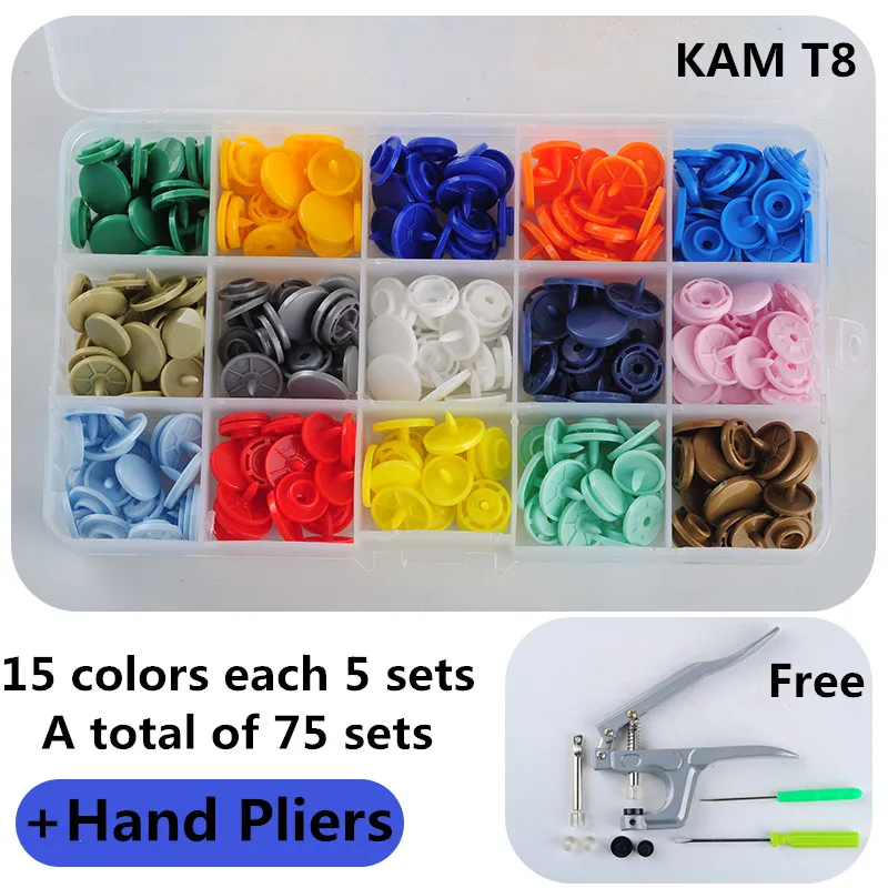 

Mixed 15 Colors KAM Branded T8 75 Sets Luster Glossy Snap Snap Buttons Fastners installed With pliers