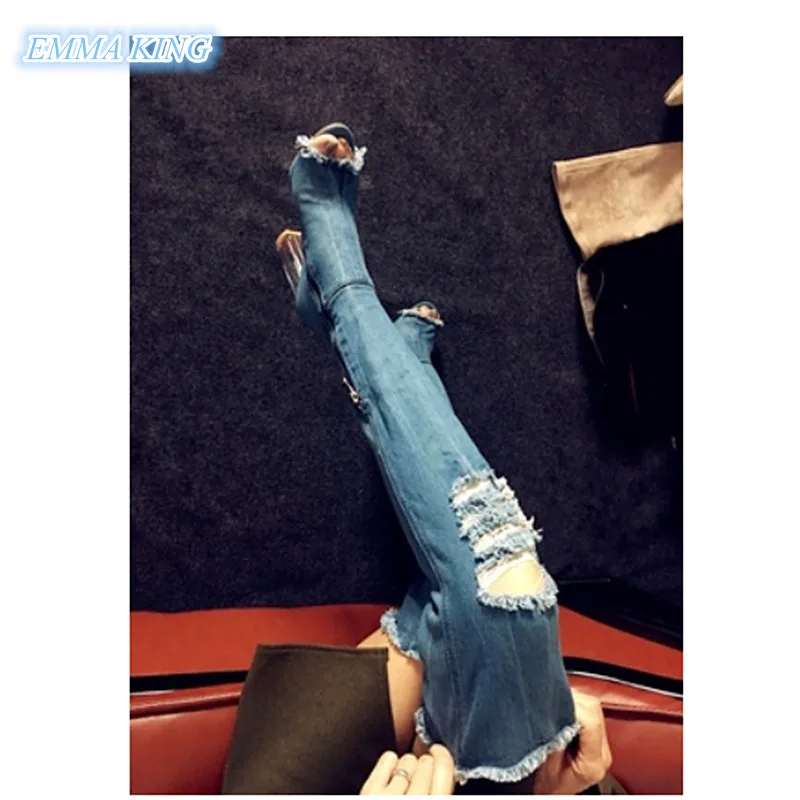 

Fashion Light Blue Denim Peep Toe Over Knee Thigh High Boots Women 2019 Autumn New Side Zipper Clear Chunky High Heel Long Boots