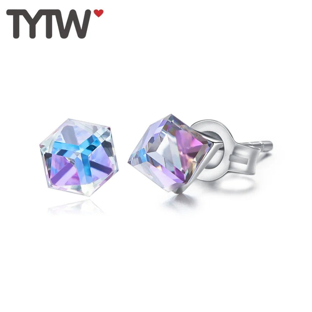 

TYTW Women Stud Earrings S925 Silver Shiny simple square purple Crystal from austrian girl elegant Wedding Jewelry