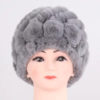 Hot Sale Winter Women Flower Striped Natural Real Fur Hats Lady Warm Knit Genuine Rex Rabbit Fur Caps Outdoor Fur Beanies Hats 2