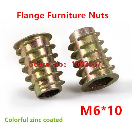 

100pcs/lot M6*10 Furniture Nut Zinc Alloy Steel Colorful Plated Flanged Hex Drive Internal Thread Insert Wood Nuts