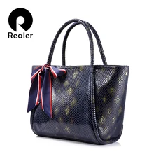 REALER Брендовая женская сумка из натуральной кожи, женская сумка на плечо со змеиным принтом, большая Вместительная женская сумка с бантом