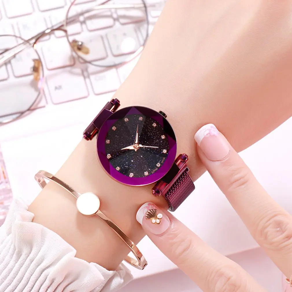 

Minimalism Starry Sky Magnet Quartz Watch Waterproof Fashion Casual Ladies Dress Watches Steel Mesh Belt Crystal Clock with Box