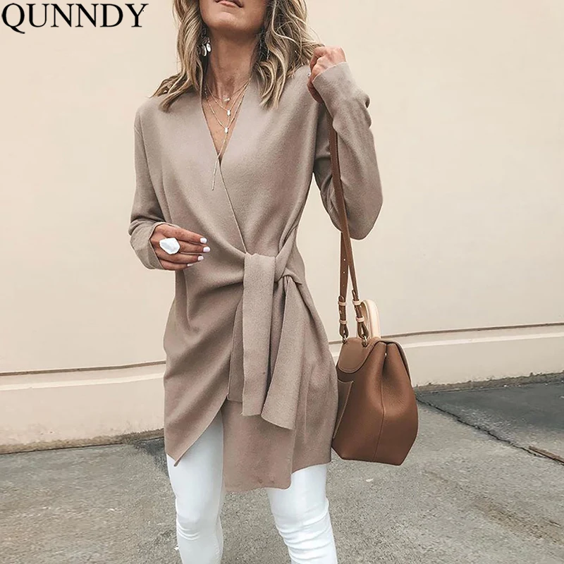 

Qunndy 2018 Autumn Winter Coat Women New Fashion Wide Lapel Belt V Neck Oversize Outwear Manteau Femme Hiver Elegant Overcoat