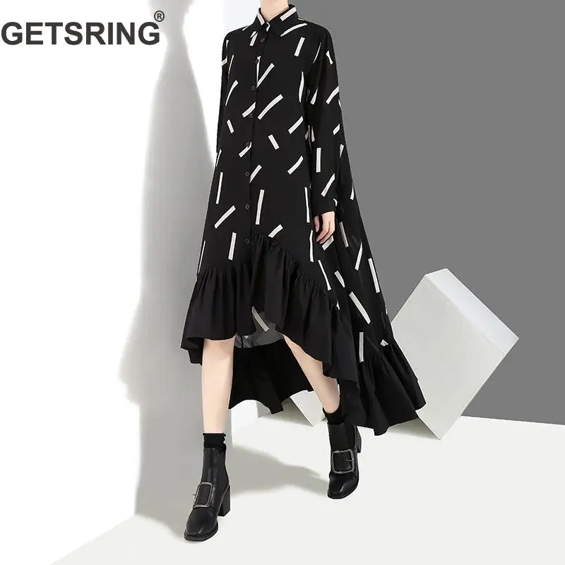 

GETSRING Women Dresses Striped Shirt Dress Ruffles Spliced Irregular Dress Long Sleeve Loose Long Dress Womens Casual Wear 2018