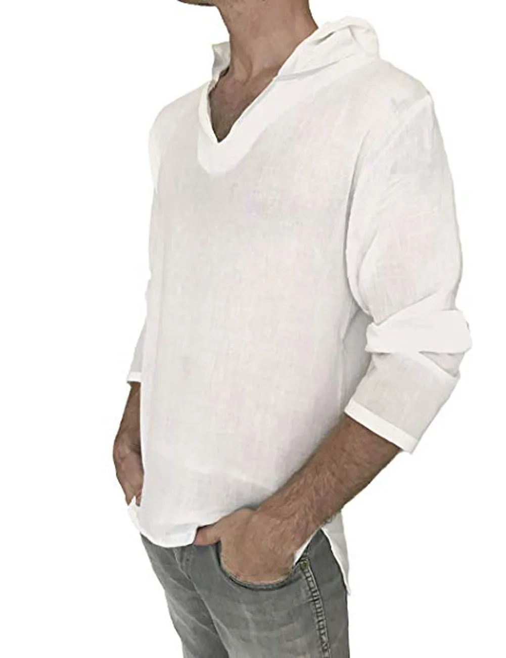 Новая Мужская льняная футболка с капюшоном, Мужская Осенняя Однотонная футболка с длинным рукавом, пуловер, мужская хлопковая льняная белая футболка, M-3XL - Цвет: Белый