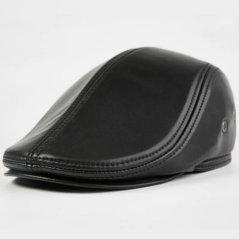 

Genuine Leather Visor Hat Male Sheepskin Fashion Worker Cap Middle Age Old Man Dad Warm Autumn Winter Ear Protection Hats H260