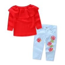 Комплект одежды из 2 предметов для маленьких девочек, блузка с длинными рукавами+ джинсы с цветочным принтом, комплект со штанами