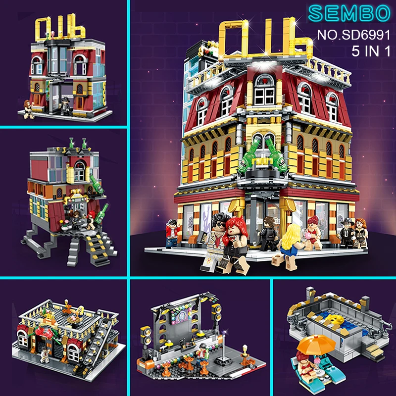

SD6991 5in1 Nightclub Bar Club Resort Hotel Streetscape USB Lighting Sembo Building Blocks Bricks Compatible LGSet Model Toys