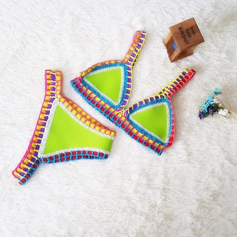 GI FOREVER Bikini Handmade Knit Swimwear Women 2019 Sexy Contrast Color Low Waist Swimsuit Bathing Suit Maillot De Bai
