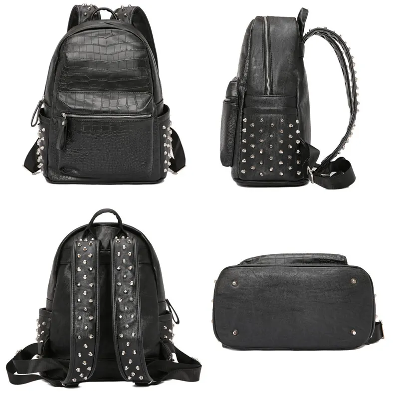 Fashion rivets men backpack Large capacity Crocodile pattern man laptop backpack 15.6 Casual Travel bag pu leather Bagpack black 4