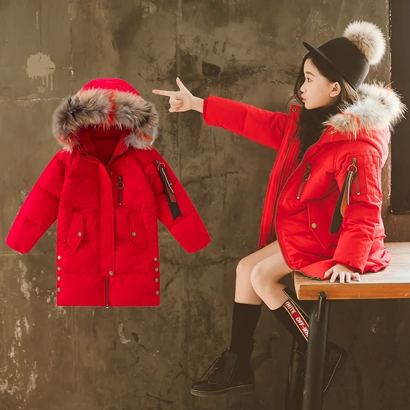 

Fashion Winter Heavyweight Girls Long Coat Warm Parkas Children Outfits Cotton Filling Fur Collar For 4-14 Years Old