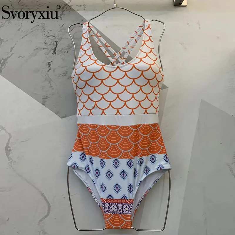 

Svoryxiu 2019 Sexy Backless Bodysuits Swimsuit Women's Geometric Pattern Print Summer Beach Wear Female Bodysuit Playsuit