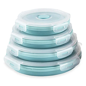 

Hot Sale 4Pcs Round Silicone Foldable Food Storage Boxes With Front Cover Washable Dishwasher and Refrigerator