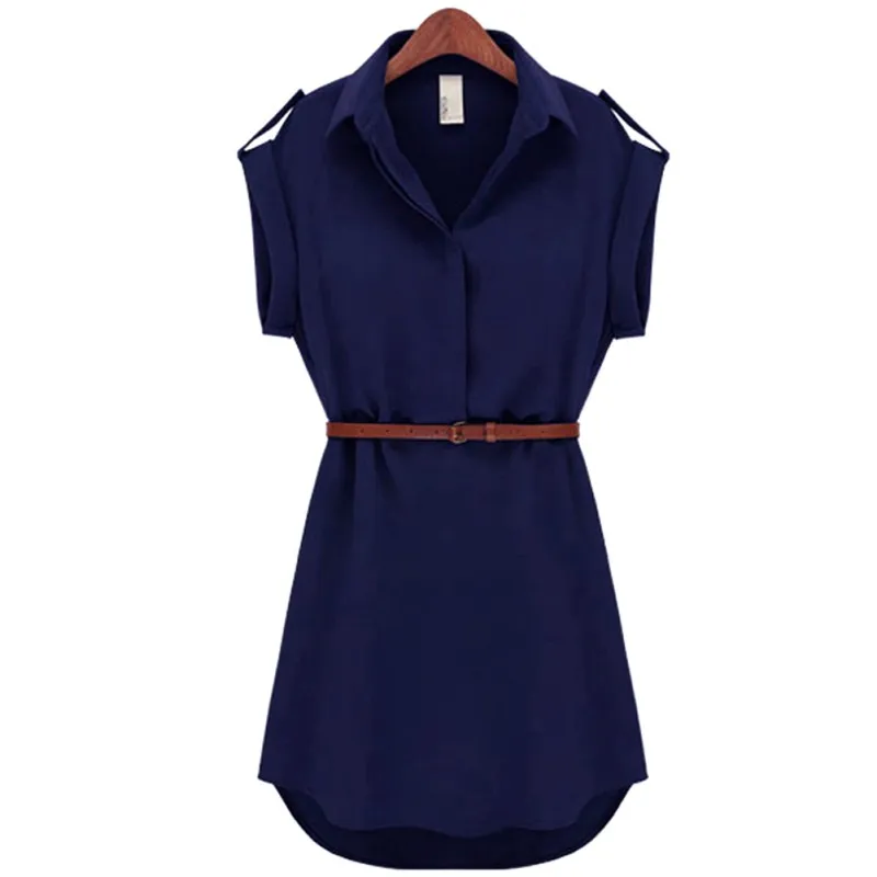 Летние модные женские с коротким рукавом стрейч шифон повседневное OL Пояс Мини платье Vestidos - Цвет: Navy