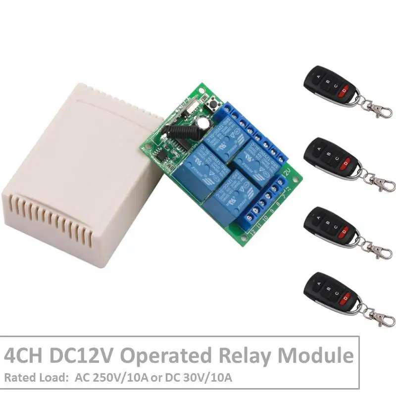 

4 Channel 433Mhz DC12V Operated RF Relay Switch With Relay Receiver&Transmitter Remote Control Motor&LED Light For Smart Home
