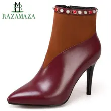 ZALAVOR/женские ботинки из натуральной кожи на высоком каблуке пикантные ботильоны с острым носком женские зимние теплые короткие плюшевые ботинки размер 33-43