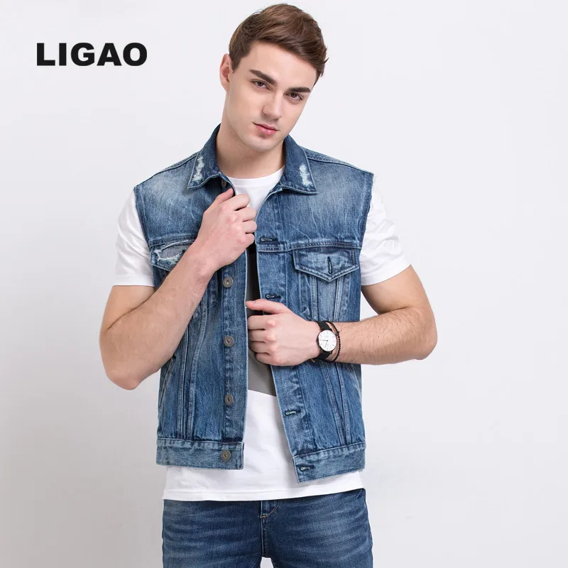 LIGAO 2017 Mens Jean Jacket Vests Cowboy Men Waistcoat Denim Vest coat