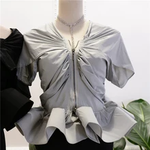 Высокое качество Новые модной Топы Для женщин рюшами блуза с молнией Топы
