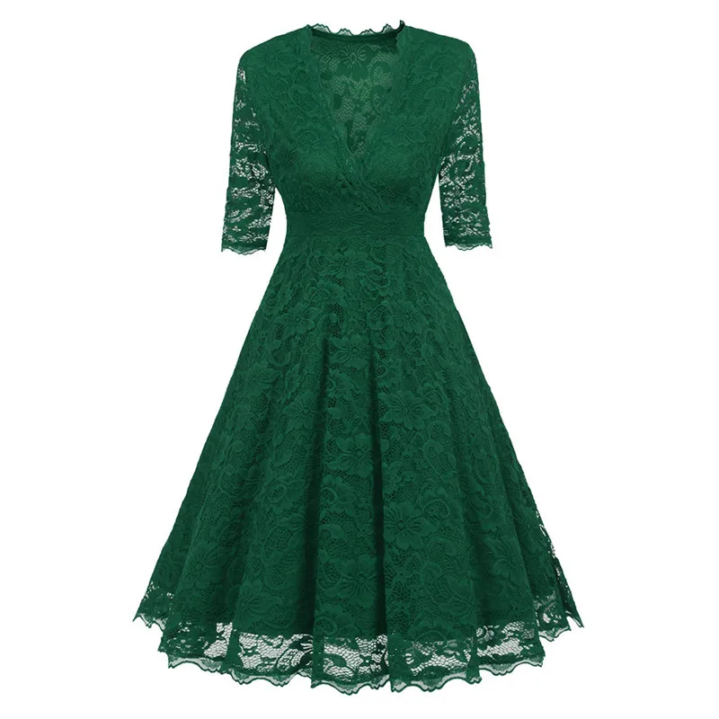 

Autumn Spring Dress Women Plus Size Lady Cute Half Sleeve Lace Solid Dress Knee-Length New Sexy Casual V-Neck Dress Vestido