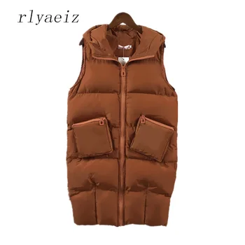 

Rlyaeiz Autumn Winter Waistcoat Vests Women Hooded Parka Brand Clothing Pocket Sleeveless Jacket Padded veste femme colete Coat