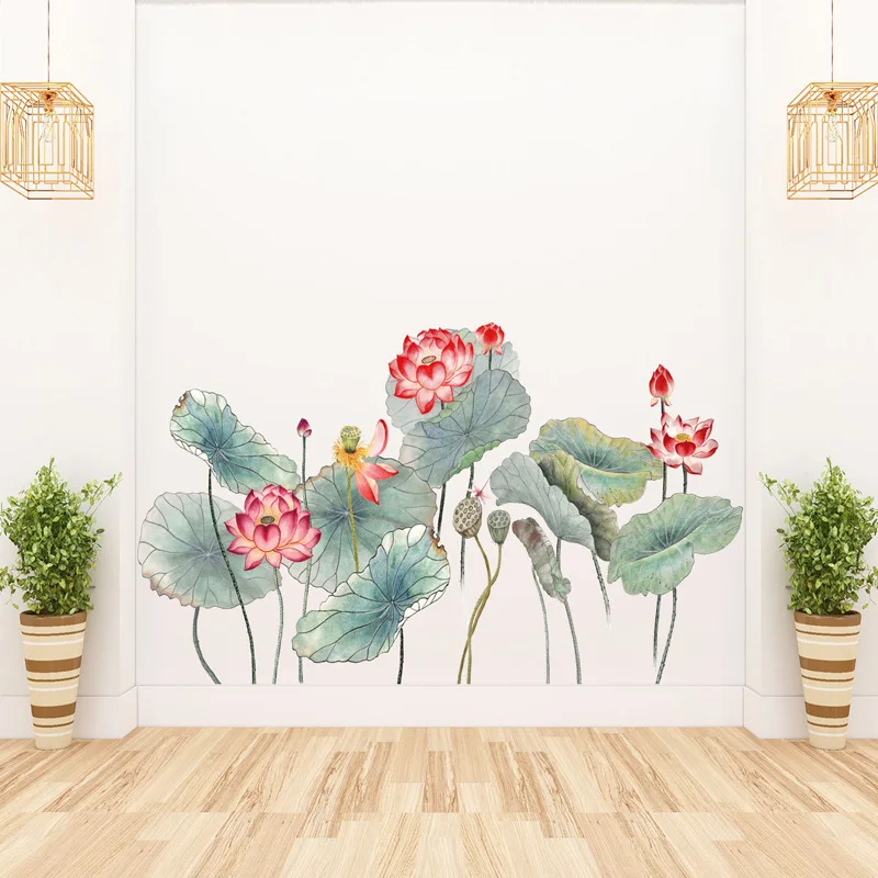 

Chinese style Lotus lotus leaf Wall Sticker TV sofa living room background wallpaper decoration Mural Art Decals stickers