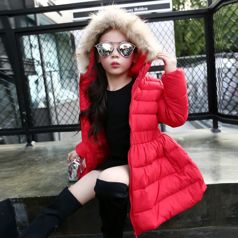 Зимнее пальто для девочек; Модный Детский пуховик; детское плотное пальто с меховым воротником и капюшоном; куртки для девочек; теплая верхняя одежда; одежда для подростков - Цвет: Красный