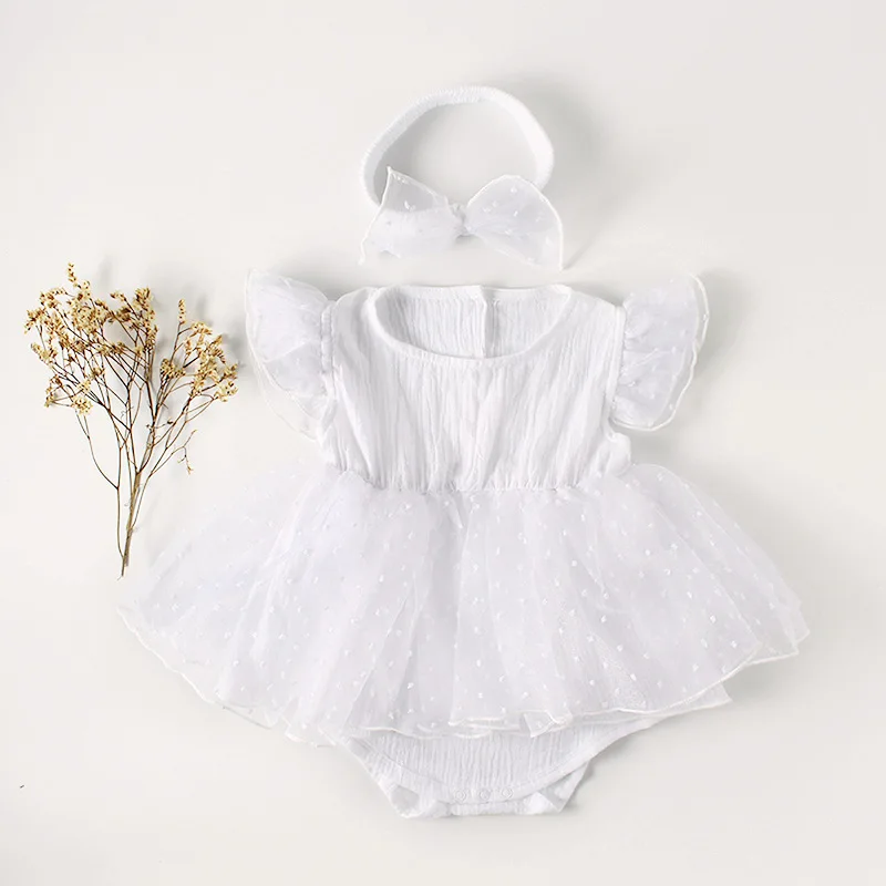 Летнее Детское платье принцессы с милыми цветами, Сетчатое треугольное платье для девочек, белый кружевной комбинезон, платье, наборы повязок на голову