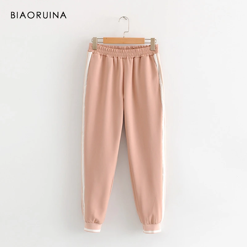 

BIAORUINA Women's Fashion Side Striped Elastic Pencil Pant Female Casual All-match Pant Active Wear Women Comfortable Trousers