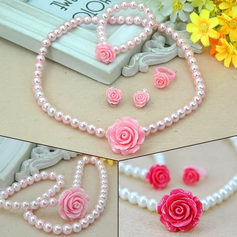 

1 Set Kids Girls Child Pearl Flower Shape Necklace Bracelet Ring Ear Studs Clips Jewelry Set Gift Pop Sale