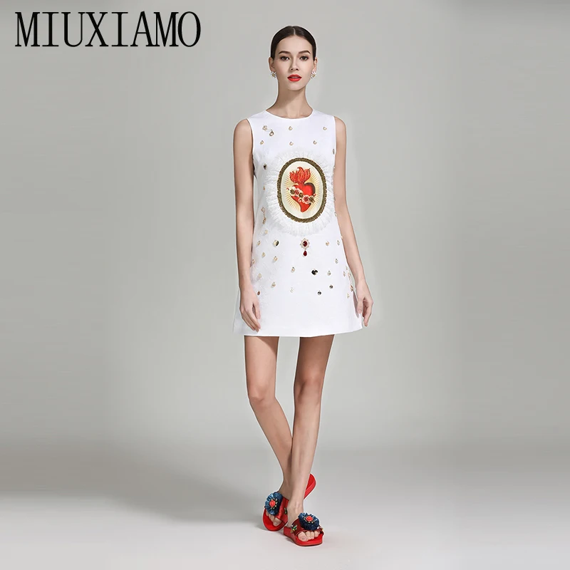 

MIUXIMAO High Quality 2019 Spring&Summer Luxurious Dress Newest Diamonds Heart Print Casual Eleghant Dress Women Vestido