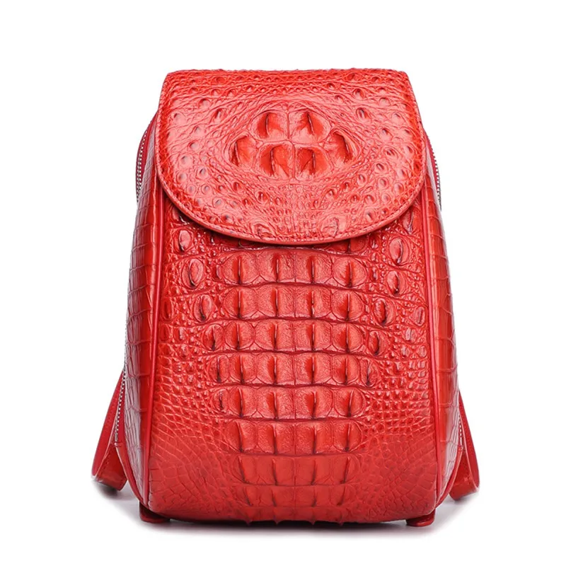 

Casual Designer Genuine Crocodile Skin Lady Small Red Backpack Exotic Alligator Leather Women's Travel Backpack Female Bag Pack