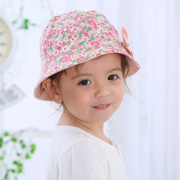 

2019 Summer Flower Print Cotton Baby Hat Kids Girls Floral Bowknot Cap Sun Bucket Hats Double Sided Can Wear gorro